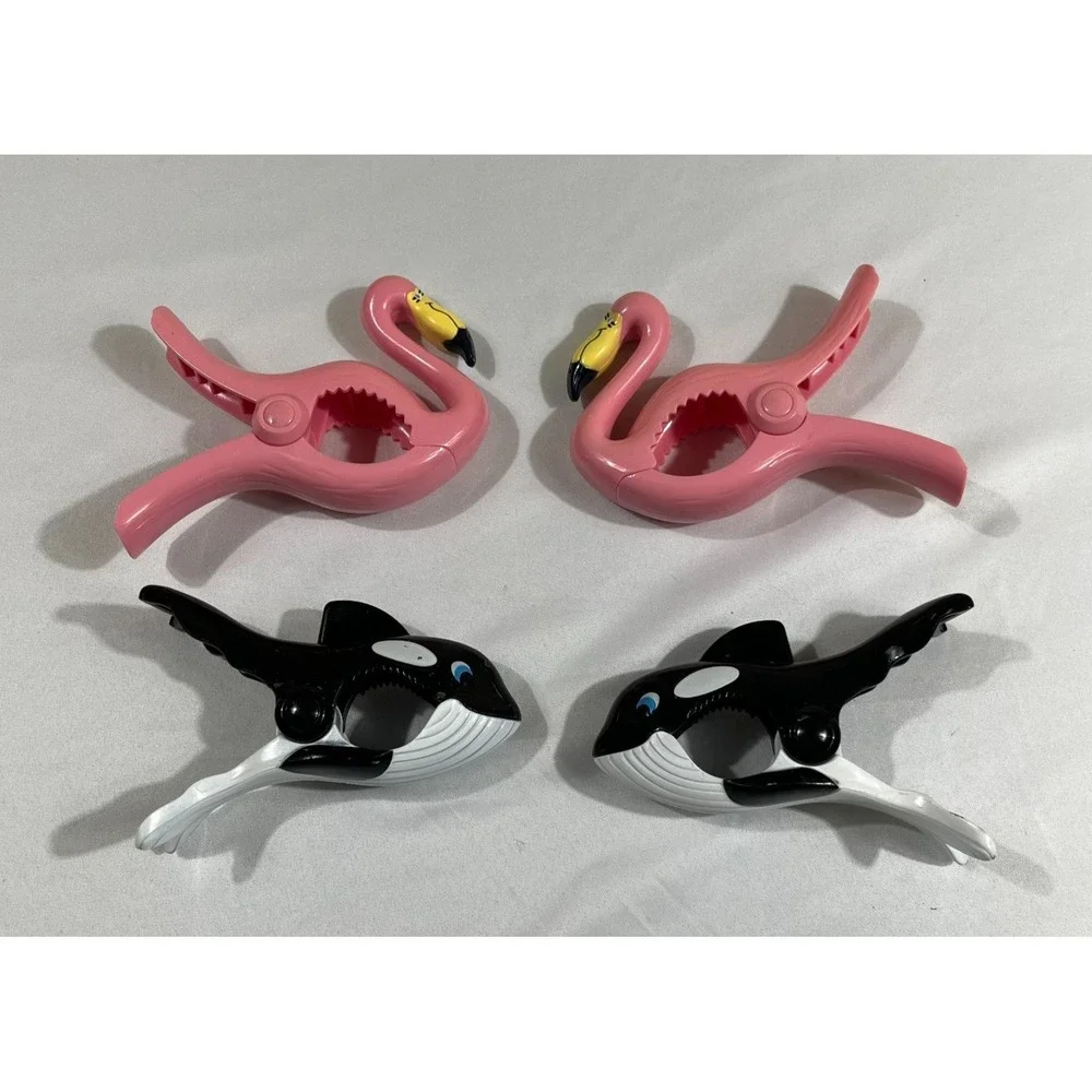 4pc Flamingo & Whale Beach Towel Clips Tropical Coastal Pool Chair Accessories